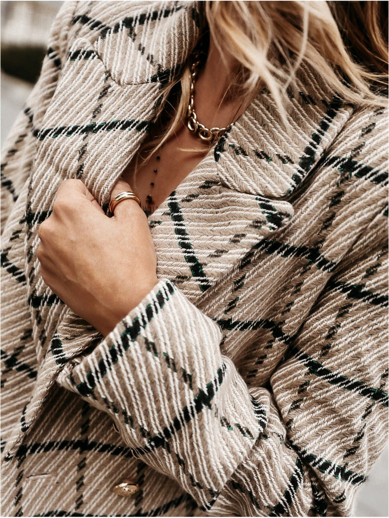 Coats Check Double Breasted Long Sleeve Woolen Coat