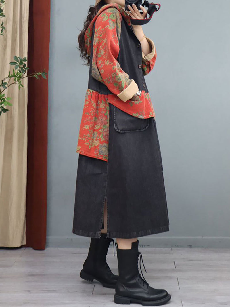 Denim Patchwork Print Hooded Long Coat