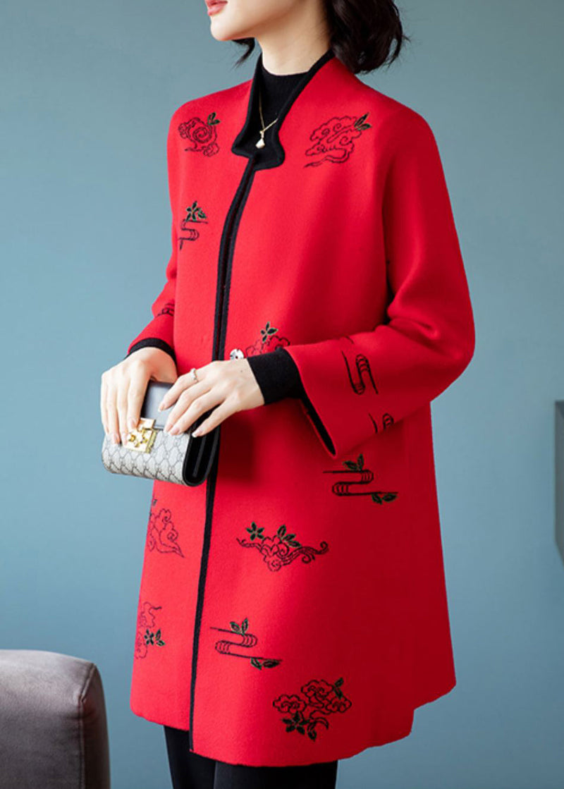 Red Embroidered Stand Collar Patchwork Wool Coats Stand Collar Long Sleeve