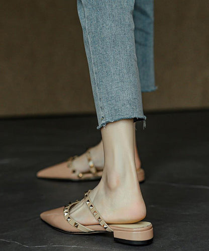 White Rivet Pointed Toe Cowhide Leather Slide Sandals