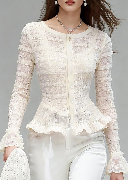 White O-neck Ruffled Patchwork Lace Tops Flare Sleeve