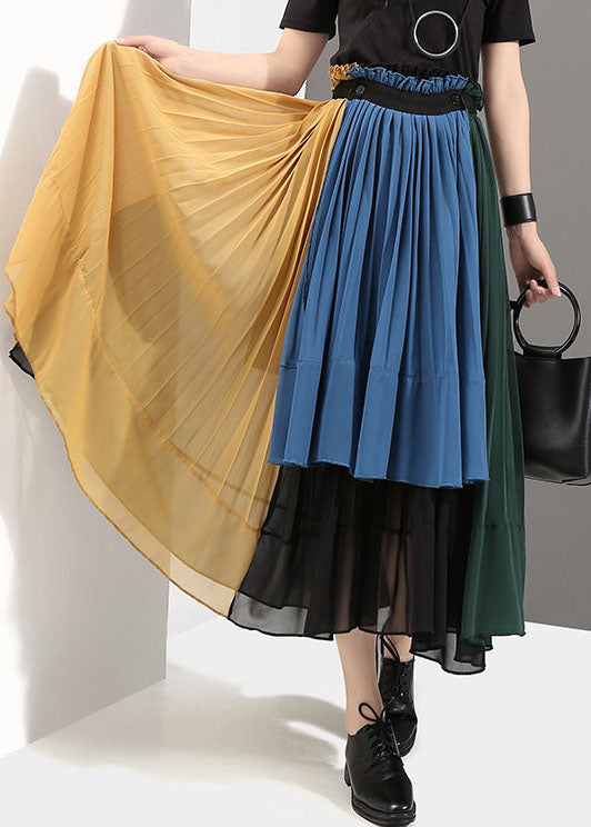 Colorblock Elastic Waist Patchwork Chiffon Pleated Skirt Spring