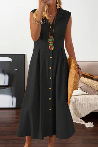 Lapel Button Sleeveless Midi Dress