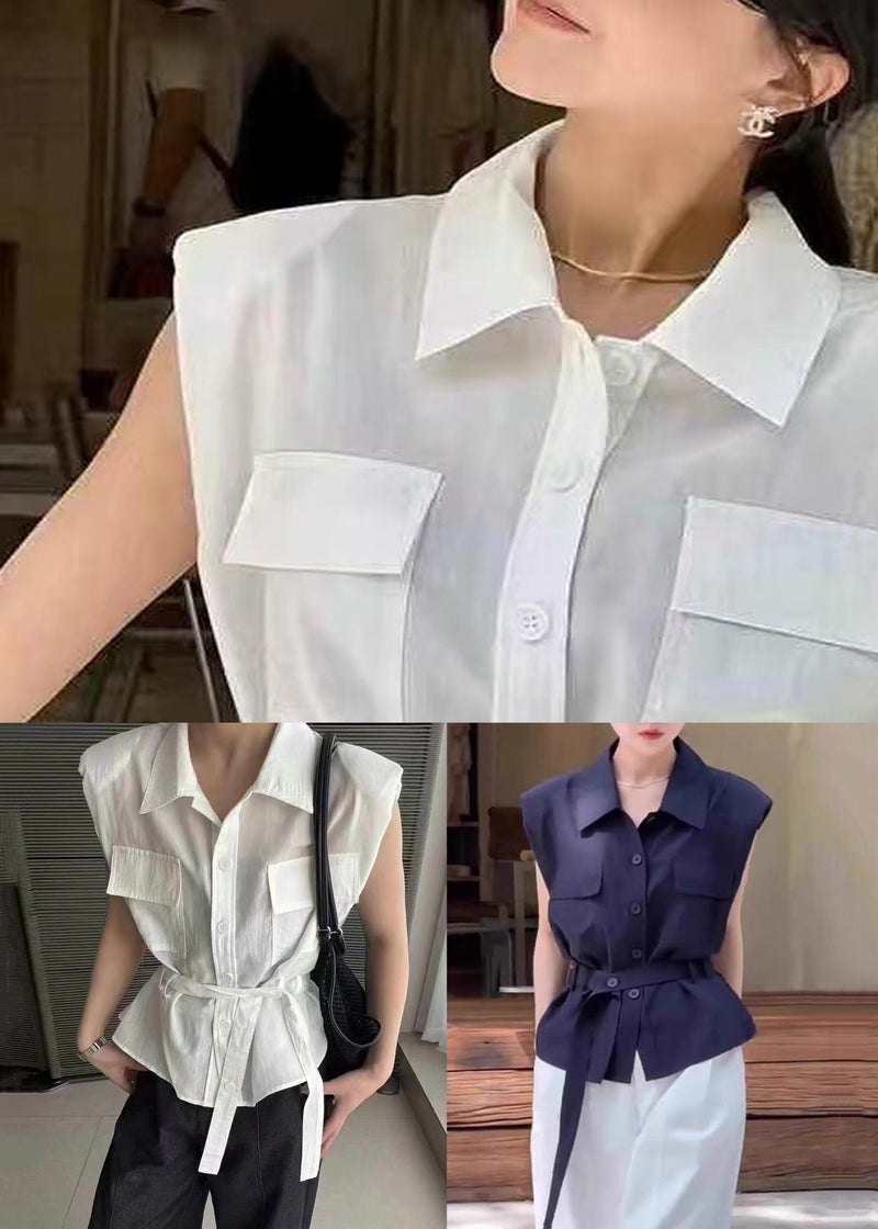 Navy Peter Pan Collar Button Cotton Shirt Sleeveless