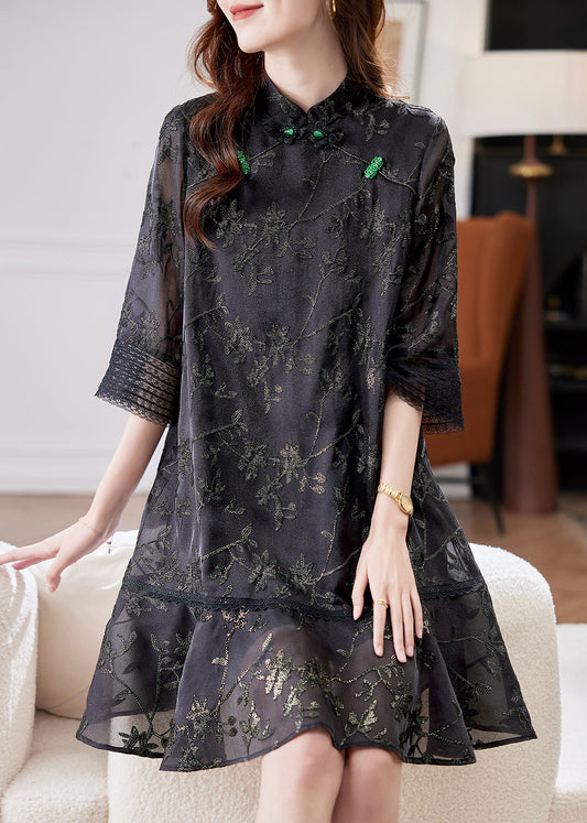 Jacquard Black Stand Collar Patchwork Tulle Mid Dress Half Sleeve