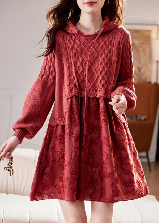 Unique Red Hooded Embroidered Patchwork Knit Dresses Spring