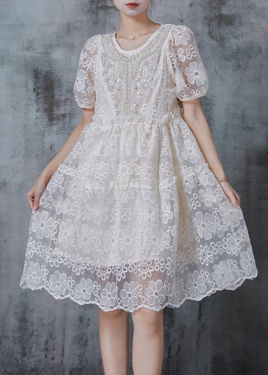 Beige Embroidered Nail Bead Tulle Party Dresses Summer