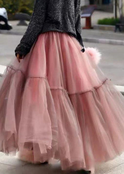 Pink Ruffled Tulle Cinched Circle Fall Skirt