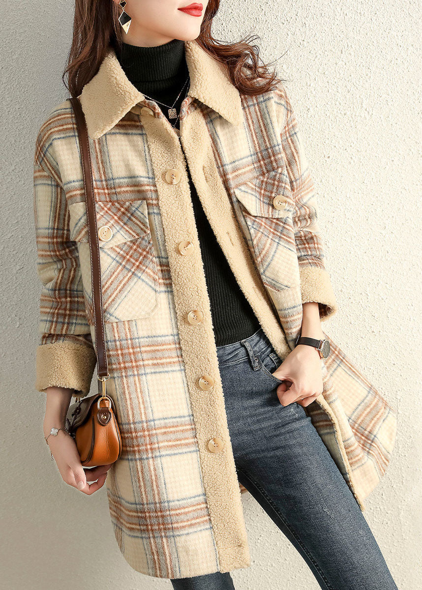 Khaki Peterpan Collar Plaid Winter Fleece Coat