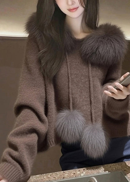 Modern Brown Hooded Patchwork Faux Fur Knit Sweater Tops Spring