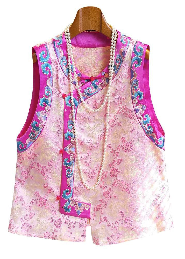 Pink Embroideried Patchwork Silk Vest Tops Sleeveless