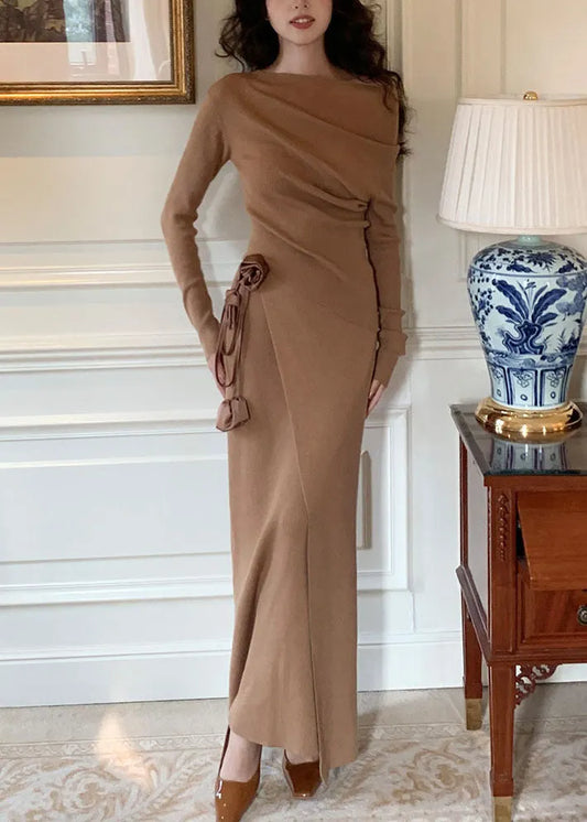 Slim Fit Camel Asymmetrical Tie Waist Sweaters and Maxi Skirts Wool Knit Two Pieces Set Winter
