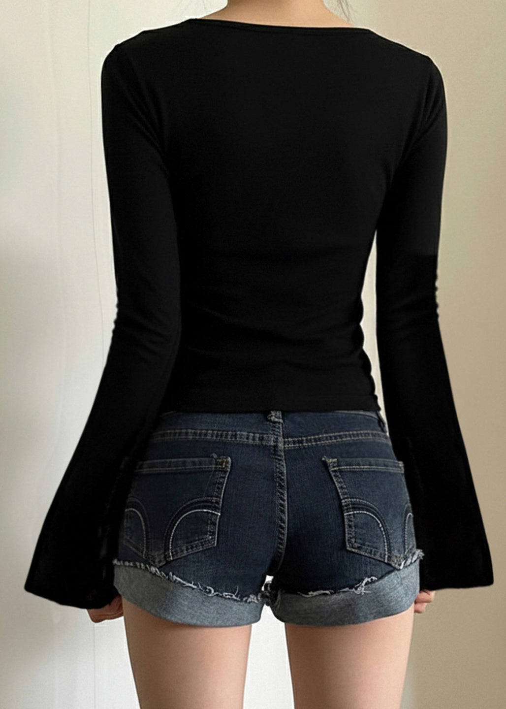 Loose Black V Neck Lace Cotton T Shirts Flare Sleeve
