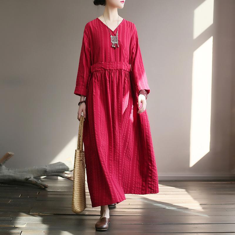 Retro V-neck Striped Loose Dress