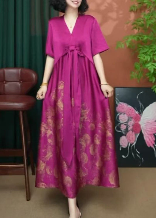 Rose V Neck Print Patchwork Silk Long Dress Summer