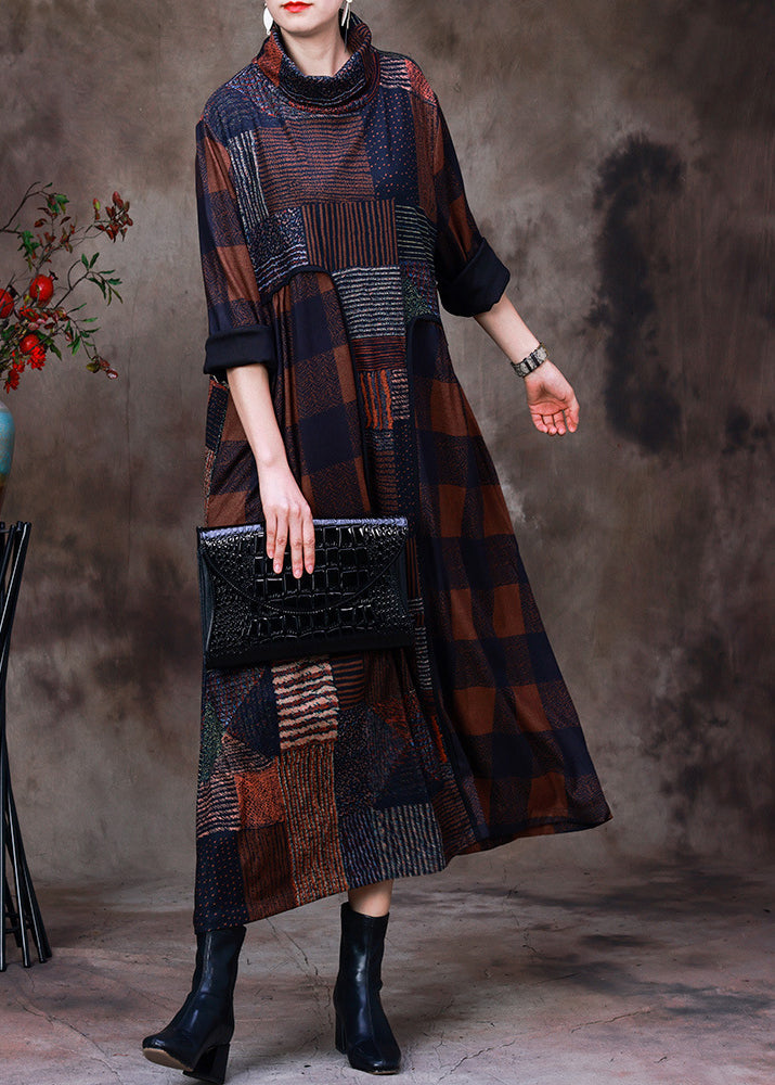 Coffee Turtleneck Plaid Patchwork Velour Maxi Dress Long Sleeve