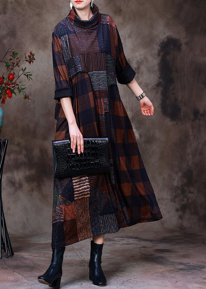 Coffee Turtleneck Plaid Patchwork Velour Maxi Dress Long Sleeve