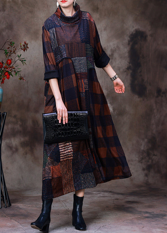 Coffee Turtleneck Plaid Patchwork Velour Maxi Dress Long Sleeve