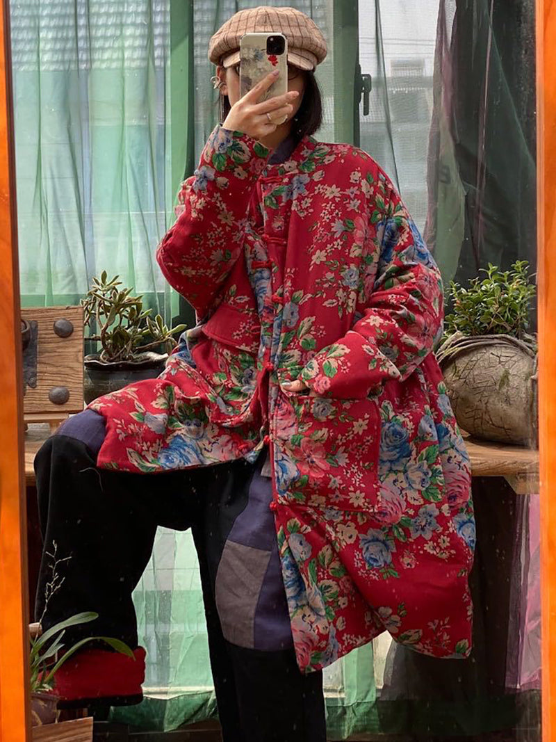 Oversize Pockets Print Cotton Coat