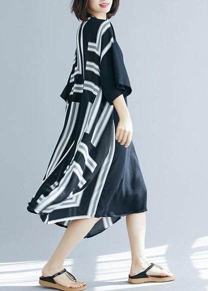 Diy O Neck Patchwork Chiffon Long Shirts Fitted Life Black Striped Maxi Dresses Summer