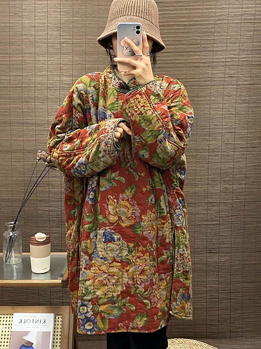 Winter Button Print Splict Hem Coat
