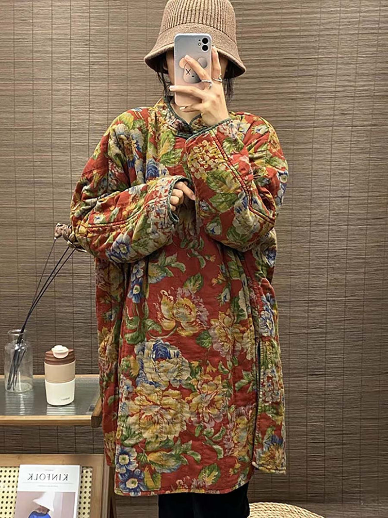 Winter Button Print Splict Hem Coat