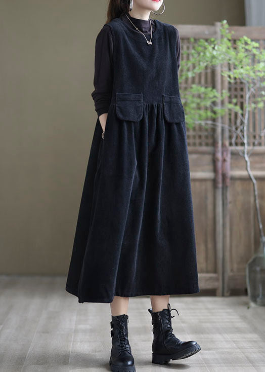 Black Pockets Corduroy Robe Dresses Sleeveless