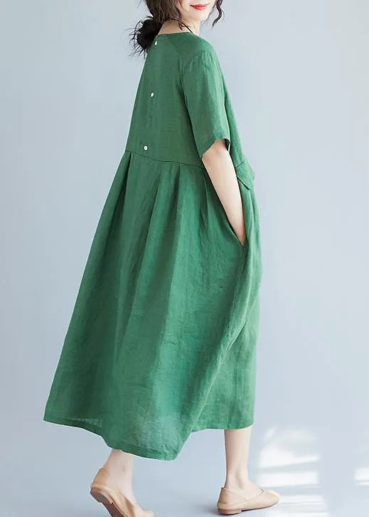 O Neck Pockets Cotton Linen Quilting Dresses Photography Green Dress Summer