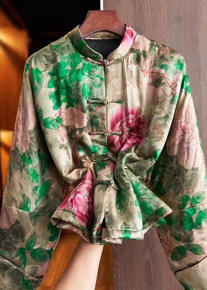 Green Stand Collar Chinese Button Print Cotton Filled Coats Spring