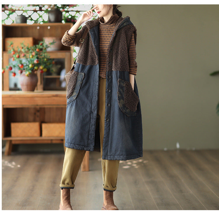 Lamb Wool Panel Denim Mid-length Vest Jacket
