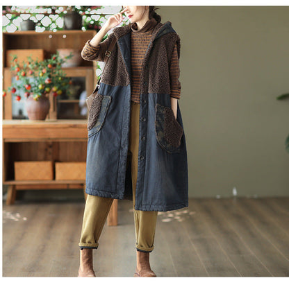 Lamb Wool Panel Denim Mid-length Vest Jacket