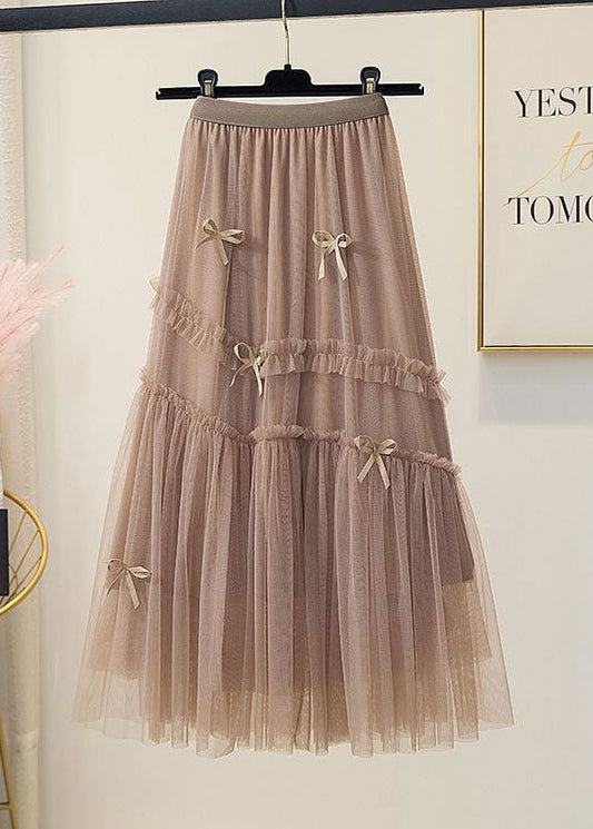 Brown Wrinkled Patchwork Bow Tulle Skirt Spring
