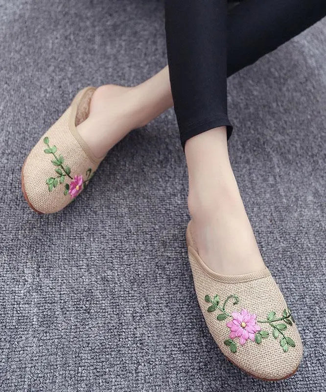 Khaki Embroidered Linen Fabric Slippers Shoes