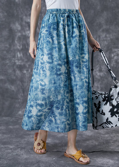 Blue Elastic Waist Print Linen a Line Skirts Summer