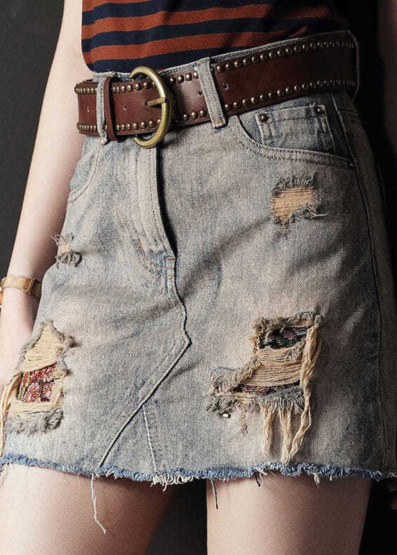 Grey High Waist Tassel Pockets Cotton Denim Ripped Skirts Cozy