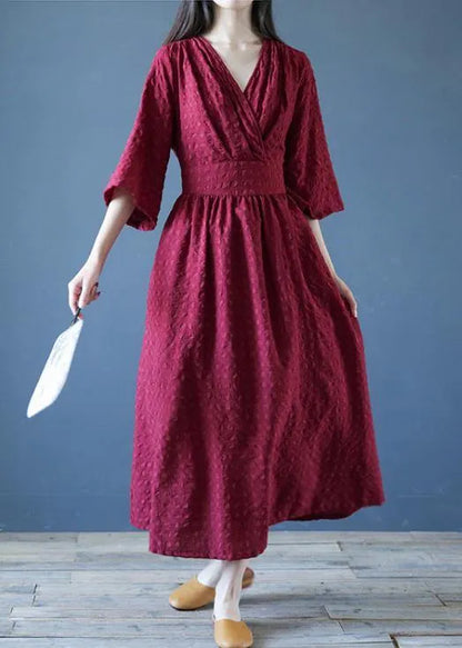 V Neck Tie Waist Linen Clothes for Runway Burgundy Dress