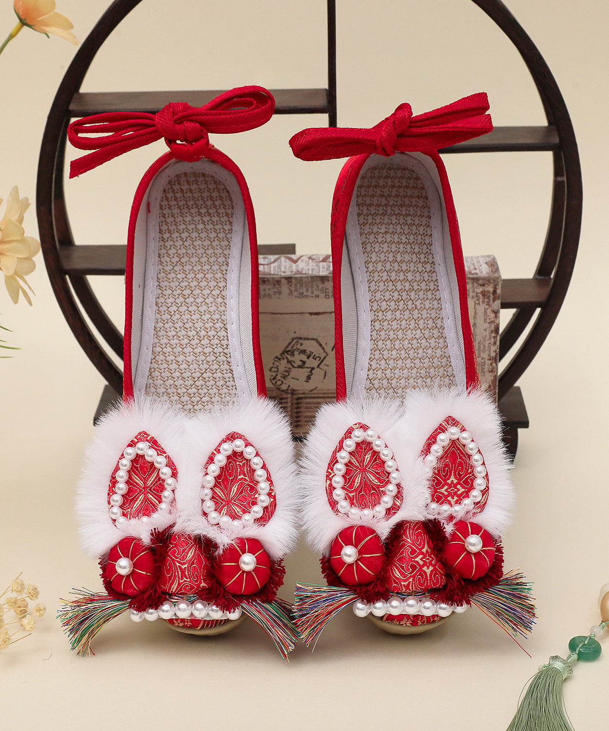Red Nail Bead Platform Embroidery Shoes