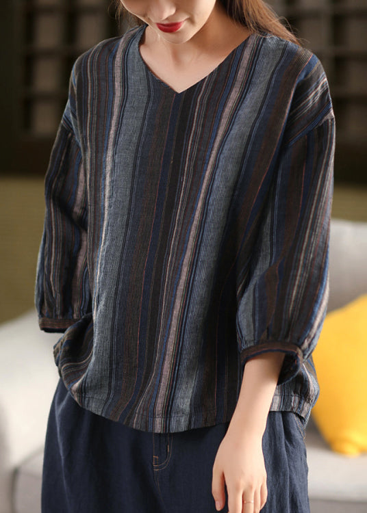 V Neck Striped Loose Linen Shirts Summer