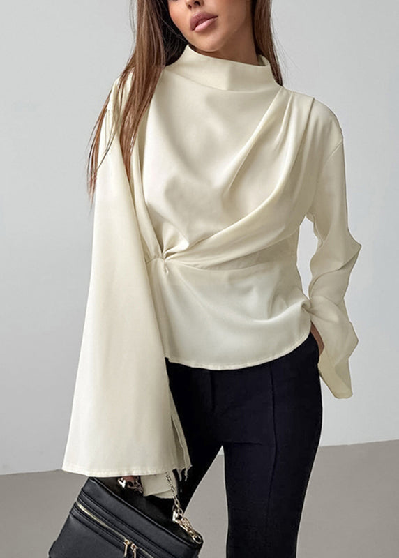 Beige Turtleneck Wrinkled Chiffon Shirt Fall
