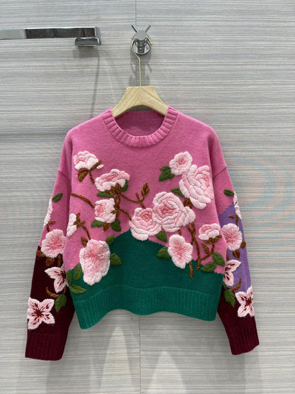 Embroidered Flowers Long Sleeve Sweater 018