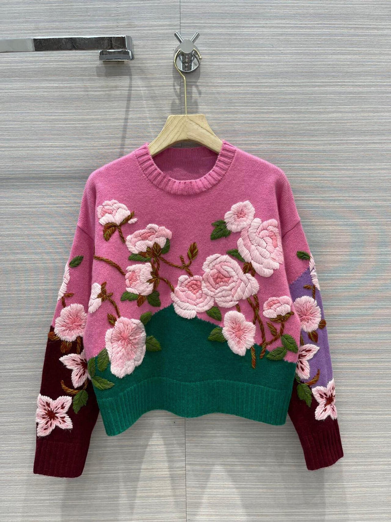 Embroidered Flowers Long Sleeve Sweater 018