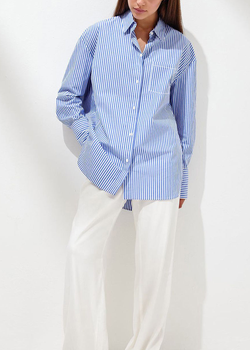 Italian Blue Peter Pan Collar Striped Cotton Shirts Top Fall
