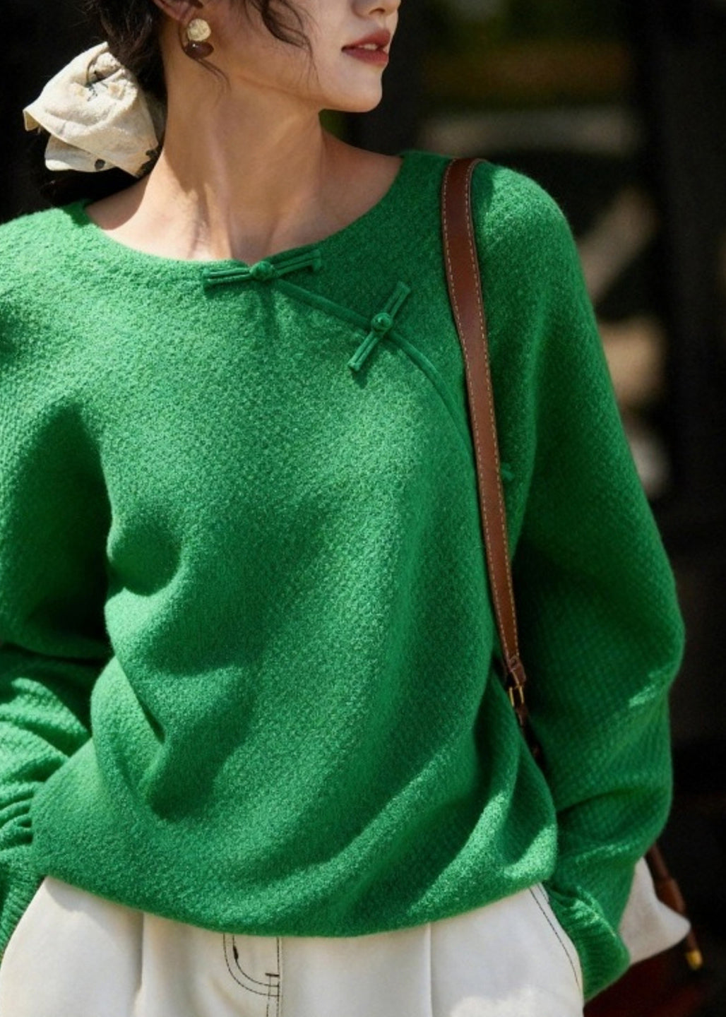 Chinese Style Green O-neck Patchwork Cozy Cotton Knit Sweater Fall