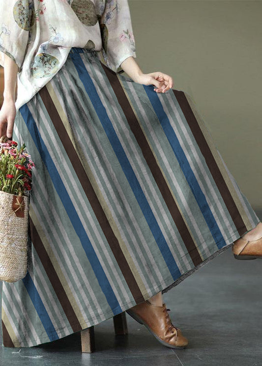 Blue Stripes Print Ramie Elastic Waist Skirt