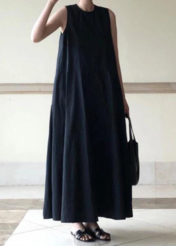 Handmade Black Linen Dresses O Neck Sleeveless Cotton Robes Summer Dresses