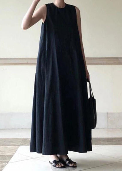 Handmade Black Linen Dresses O Neck Sleeveless Cotton Robes Summer Dresses