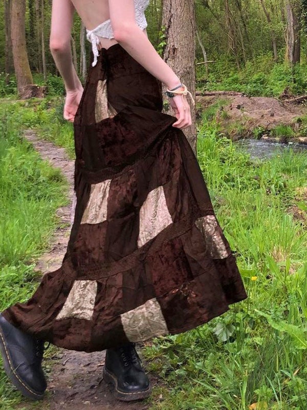 Skirts Retro Contrast Stitching Velvet Long Skirt