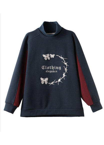 Navy Embroidered Patchwork Warm Fleece Sweatshirt Winter