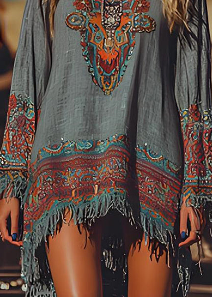 Handmade O Neck Tassel Print Cotton Mid Dresses Spring