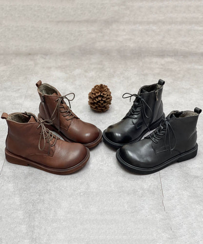 Coffee Boots Cowhide Leather Warm Fleece Lace Up Boots